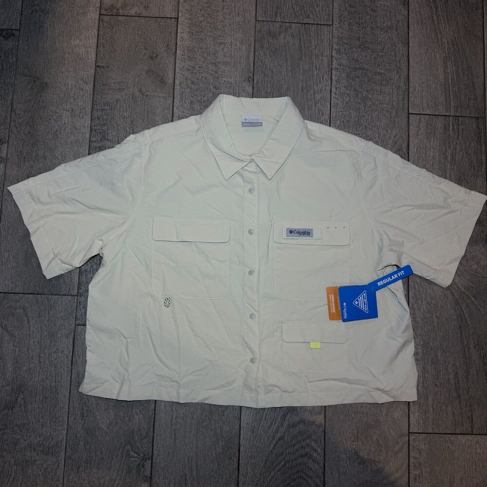 NEW Columbia PFG Open Water Womens XL Cropped Short Sleeve Fishing Shirt White